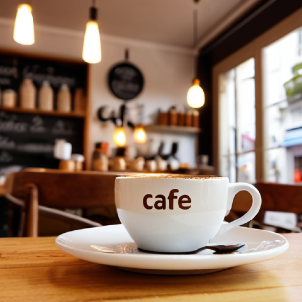 A close-up shot of the Portuguese word "caf&eacute;" with a bright, highlighted acute accent (&acute;) over the "e." In the background, a blurry image of a cozy coffee shop in Lisbon.