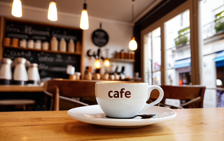 A close-up shot of the Portuguese word "caf&eacute;" with a bright, highlighted acute accent (&acute;) over the "e." In the background, a blurry image of a cozy coffee shop in Lisbon.