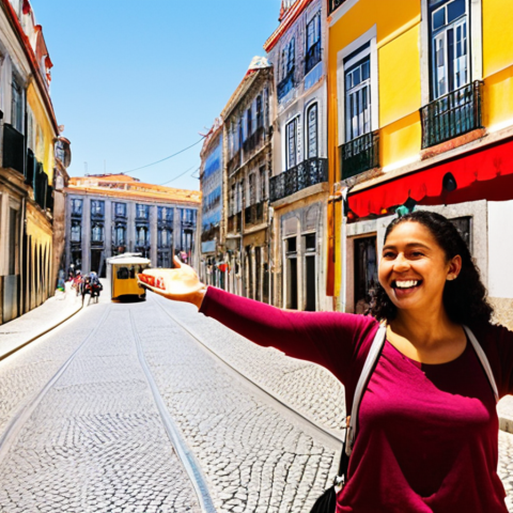 **Prompt:** A vibrant street scene in Lisbon, Portugal. A friendly tour guide with a welcoming smile gestures towards a historic building, engaging a small group of diverse tourists. The scene captures the charm of the city, with colorful architecture and traditional details. The atmosphere is warm and inviting, emphasizing the rich cultural experience. Focus on details that communicate the value of having local language skills to interact with the tourists, the local businesses, and unlock hidden gems.