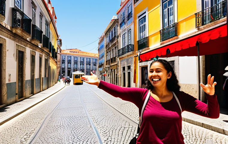 **Prompt:** A vibrant street scene in Lisbon, Portugal. A friendly tour guide with a welcoming smile gestures towards a historic building, engaging a small group of diverse tourists. The scene captures the charm of the city, with colorful architecture and traditional details. The atmosphere is warm and inviting, emphasizing the rich cultural experience. Focus on details that communicate the value of having local language skills to interact with the tourists, the local businesses, and unlock hidden gems.