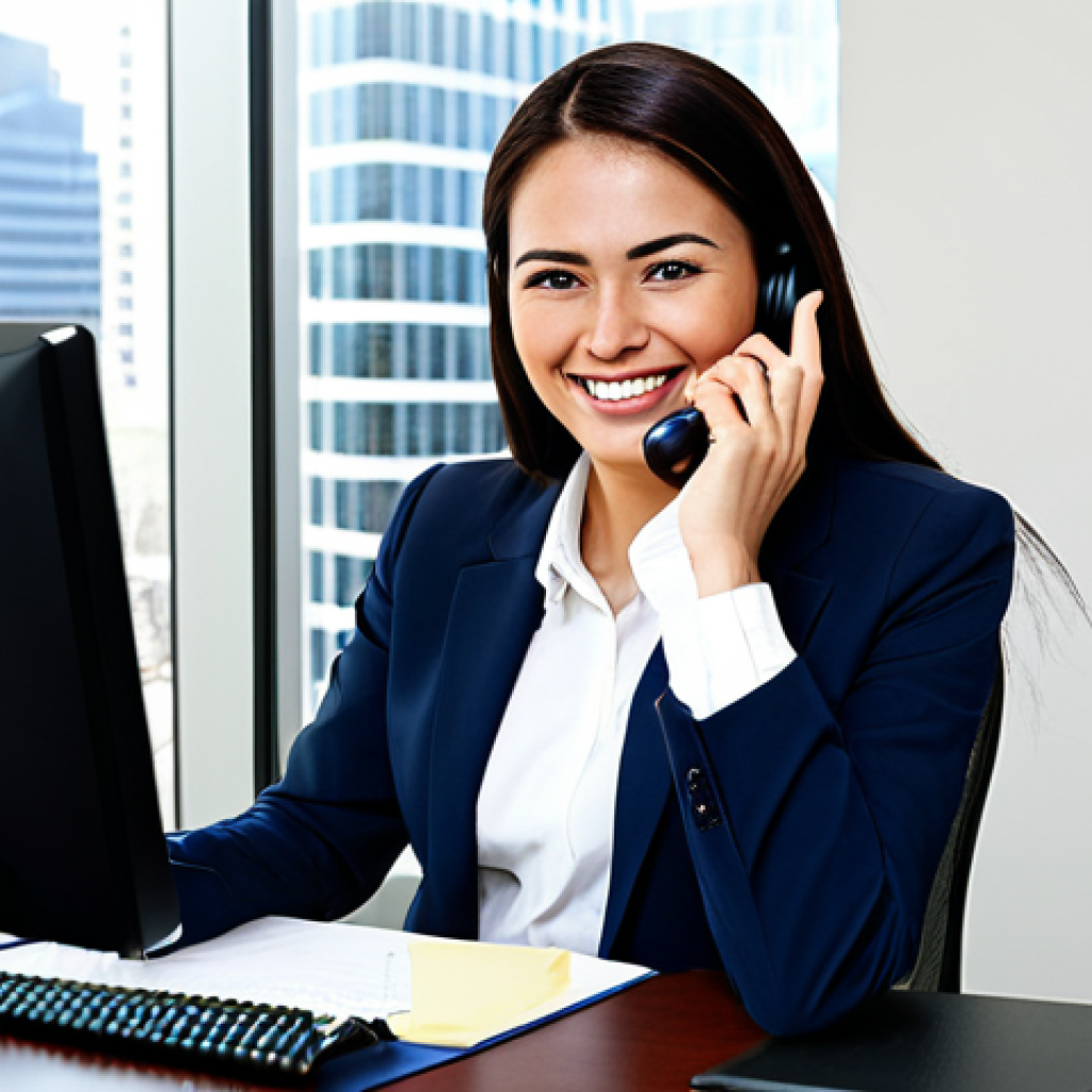 Professional Business Call**

"A professional businesswoman in a modest business suit, smiling warmly while on a phone call in a modern office. She's actively listening, with a pen in hand, ready to take notes. Background includes a clean desk, computer monitor, and city view through the window, fully clothed, appropriate attire, safe for work, perfect anatomy, natural proportions, professional photography, high quality, family-friendly."

**