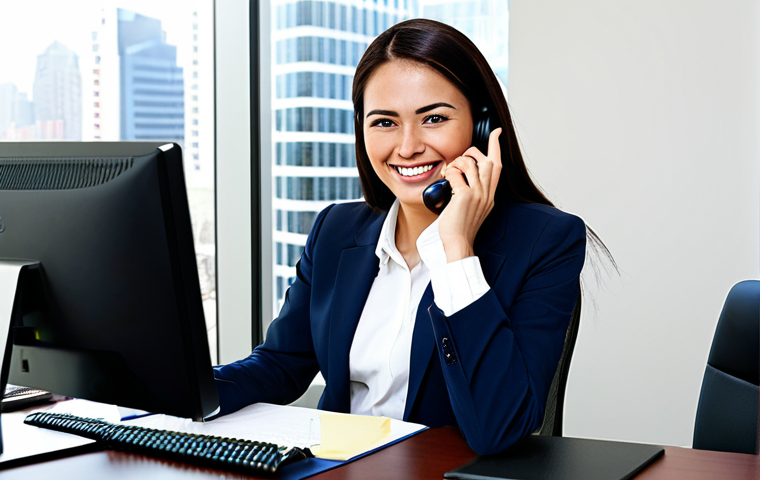 Professional Business Call**

"A professional businesswoman in a modest business suit, smiling warmly while on a phone call in a modern office. She's actively listening, with a pen in hand, ready to take notes. Background includes a clean desk, computer monitor, and city view through the window, fully clothed, appropriate attire, safe for work, perfect anatomy, natural proportions, professional photography, high quality, family-friendly."

**
