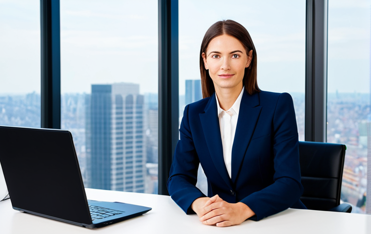 포르투갈어 학습 앱 추천 - Modern Office Professional**

"A professional businesswoman in a tailored navy blue business suit, s...