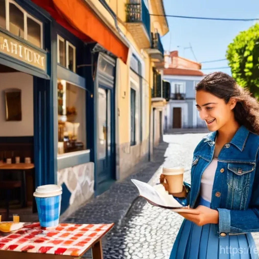 포르투갈어 번역 팁 - **Cultural Greeting Nuances:** A vibrant, sunlit Portuguese street scene featuring a young female tr...