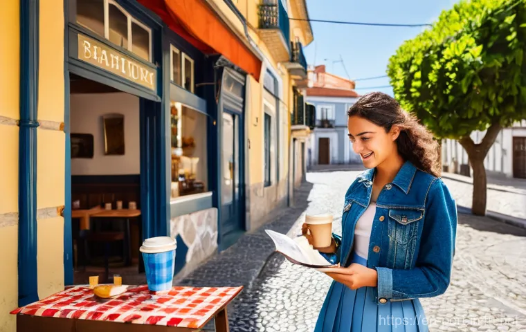 포르투갈어 번역 팁 - **Cultural Greeting Nuances:** A vibrant, sunlit Portuguese street scene featuring a young female tr...