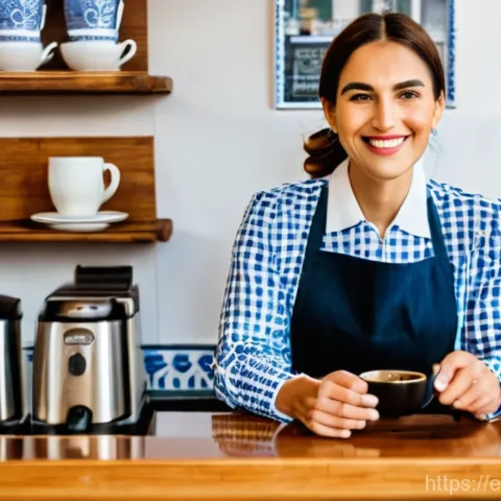 포르투갈어와 문화 차이 - **A Warm Portuguese Cafe Greeting**
An interior scene of a cozy, traditional Portuguese café dur...