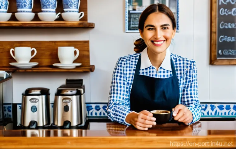 포르투갈어와 문화 차이 - **A Warm Portuguese Cafe Greeting**
    An interior scene of a cozy, traditional Portuguese caf&eacute; dur...
