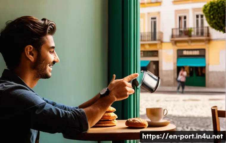 포르투갈어 시간 표현 - A cozy café scene in Lisbon during the late afternoon, featuring a diverse group of friends casually...