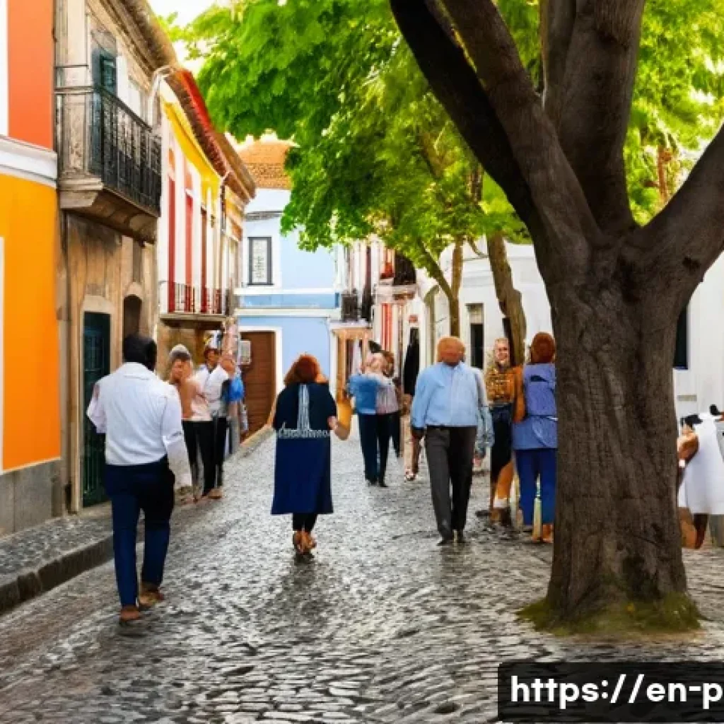 포르투갈어와 종교 표현 - A warm, inviting street scene in a traditional Portuguese neighborhood during a casual afternoon gat...