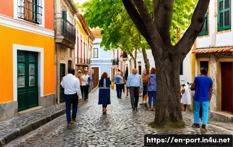포르투갈어와 종교 표현 - A warm, inviting street scene in a traditional Portuguese neighborhood during a casual afternoon gat...