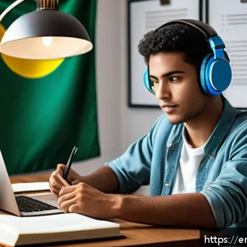 Home 32 포르투갈어 CELPE BRAS 시험 - A focused young adult studying at a cozy home desk, surrounded by Portuguese language textbooks, not...