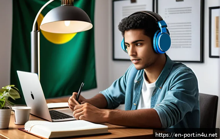 포르투갈어 CELPE BRAS 시험 - A focused young adult studying at a cozy home desk, surrounded by Portuguese language textbooks, not...