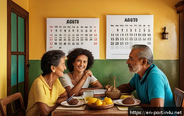 포르투갈어 날짜 표현 - A cozy Brazilian home scene featuring a family gathered around a table looking at a calendar on the ...