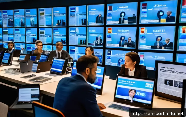 포르투갈어 언론 및 미디어 용어 - A modern Portuguese-language newsroom scene with a diverse team of journalists and an editor-in-chie...
