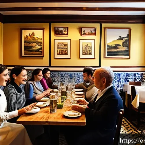 Home 17 포르투갈어 식당 주문 방법 - A cozy Portuguese restaurant interior during dinner service, featuring warmly lit wooden tables with...