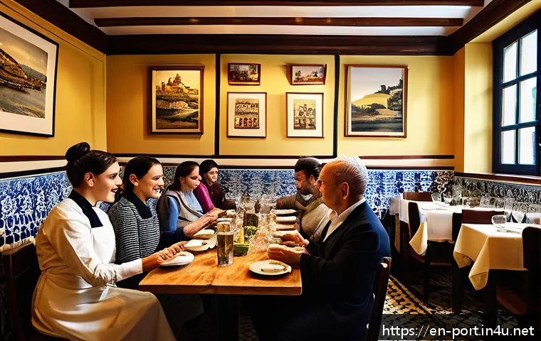 포르투갈어 식당 주문 방법 - A cozy Portuguese restaurant interior during dinner service, featuring warmly lit wooden tables with...