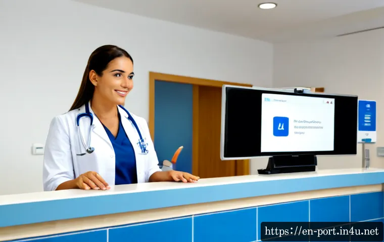 포르투갈어 병원에서 유용한 표현 - Photorealistic Portuguese hospital reception scene, a calm English-speaking traveler respectfully sp...