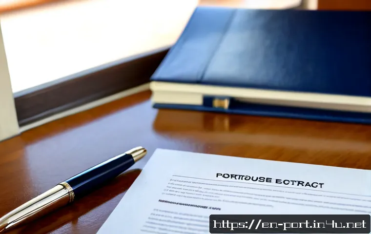 Home 17 포르투갈어 계약서 용어 - Photorealistic close-up of a Portuguese business contract on a polished wooden desk, intentionally b...
